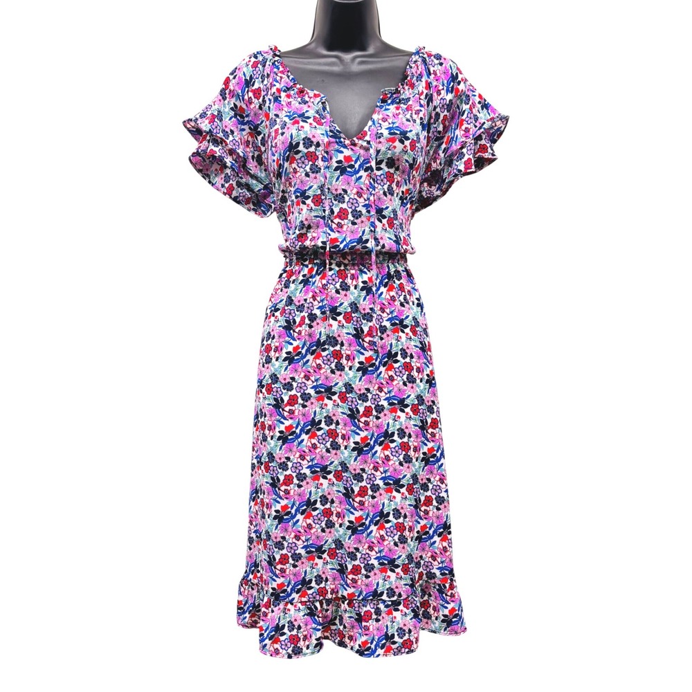 NWT Talbots Womens Floral Flutter Sleeve Ruffle Hem Dress Pink Blue Red Size 8